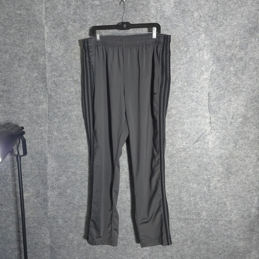 Adidas Track Pants Mens 2XL Grey 3-Stripe Zipper Pockets Straight Leg Activewear